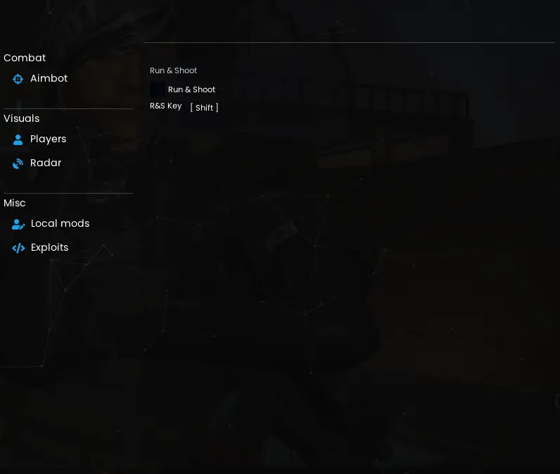 CheatArmy R6 exploit control menu showing Run and Shoot