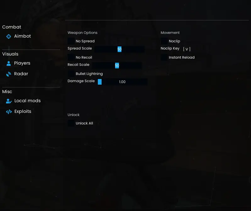 CheatArmy R6 local modifications menu with recoil, spread and movement options