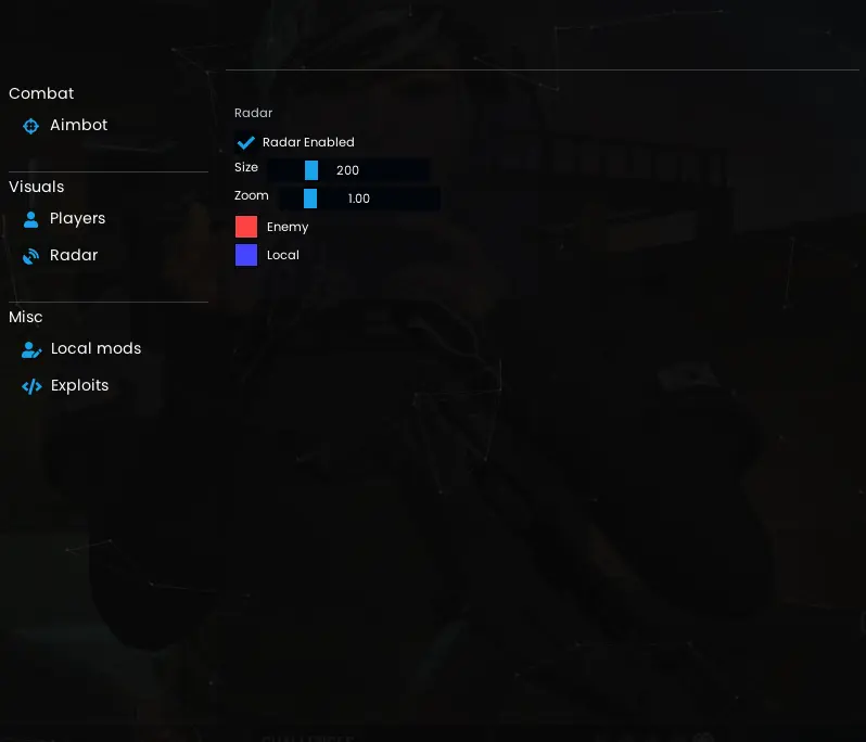 CheatArmy R6 radar menu with size, zoom and color controls